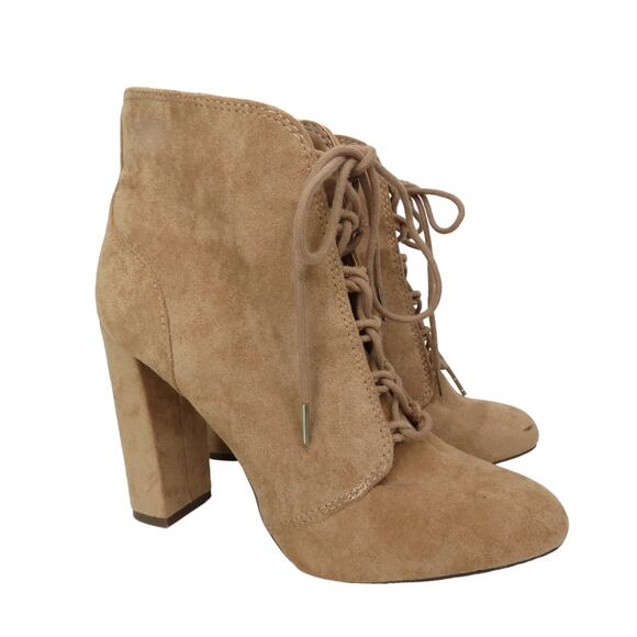 Anthro Call It Spring Tan Suede Peep Toe Lace Up Booties Size 6 Vegan - Picture 1 of 11